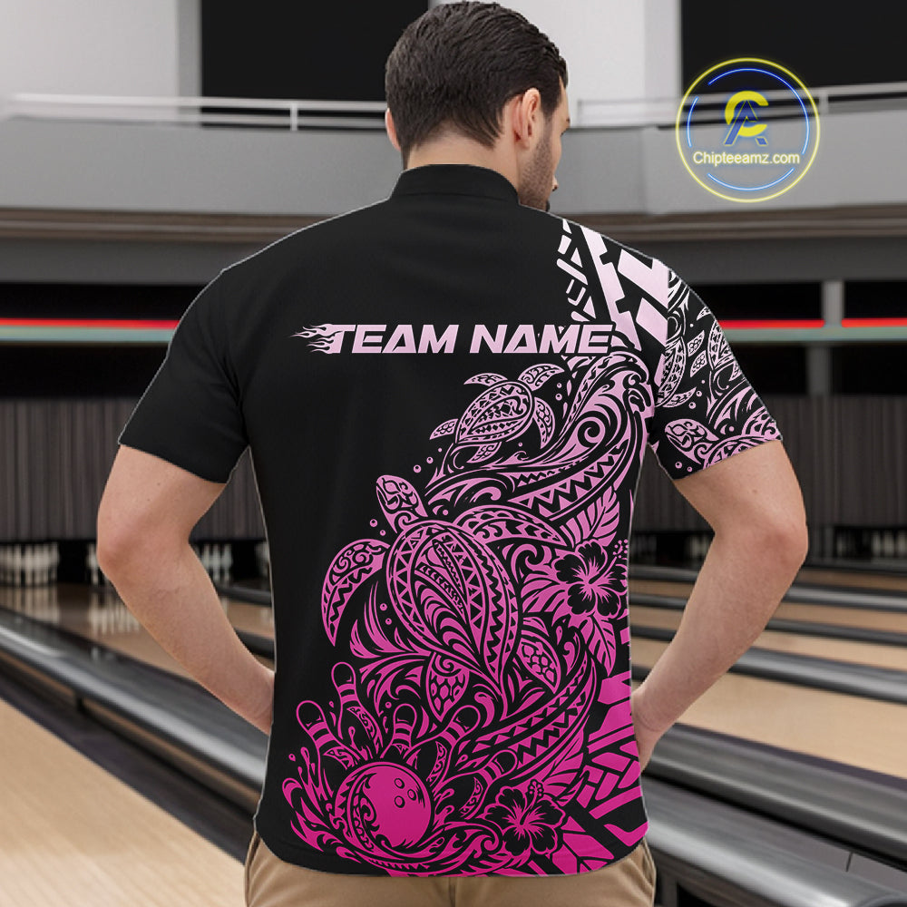 Custom Black And Pink Tribal Turtle Bowling Men Quarter Zip, Polynesian Bowling Outfit IPHW12708