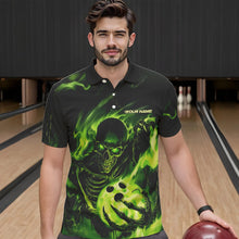 Load image into Gallery viewer, Black And Green Flame Skull Custom Bowling Polo Shirts For Men, Skeleton Bowling Team Shirt IPHW8400