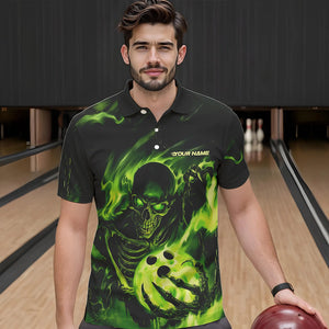 Black And Green Flame Skull Custom Bowling Polo Shirts For Men, Skeleton Bowling Team Shirt IPHW8400