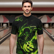 Load image into Gallery viewer, Black And Green Flame Skull Custom Bowling Quarter-Zip Shirts For Men, Skeleton Bowling Team Shirt IPHW8400