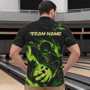 Black And Green Flame Skull Custom Bowling Quarter-Zip Shirts For Men, Skeleton Bowling Team Shirt IPHW8400