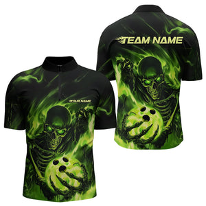 Black And Green Flame Skull Custom Bowling Quarter-Zip Shirts For Men, Skeleton Bowling Team Shirt IPHW8400