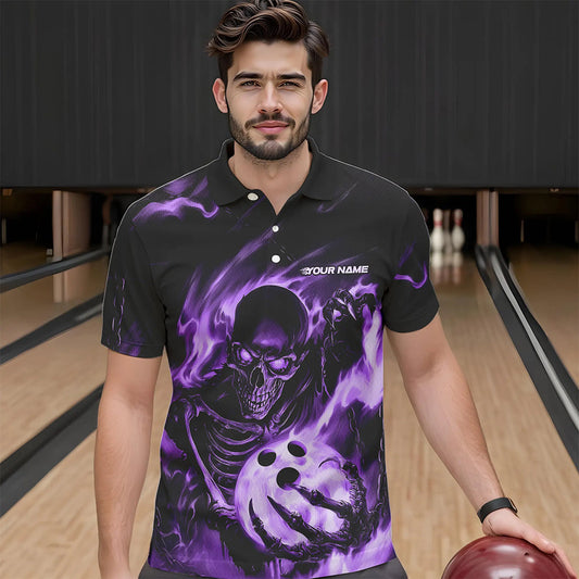 Black And Purple Flame Skull Custom Bowling Polo Shirts For Men, Skeleton Bowling Team Shirt IPHW8401