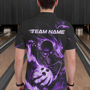 Black And Purple Flame Skull Custom Bowling Polo Shirts For Men, Skeleton Bowling Team Shirt IPHW8401