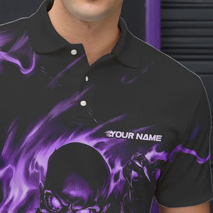 Black And Purple Flame Skull Custom Bowling Polo Shirts For Men, Skeleton Bowling Team Shirt IPHW8401