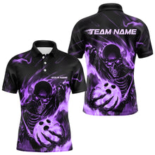 Load image into Gallery viewer, Black And Purple Flame Skull Custom Bowling Polo Shirts For Men, Skeleton Bowling Team Shirt IPHW8401