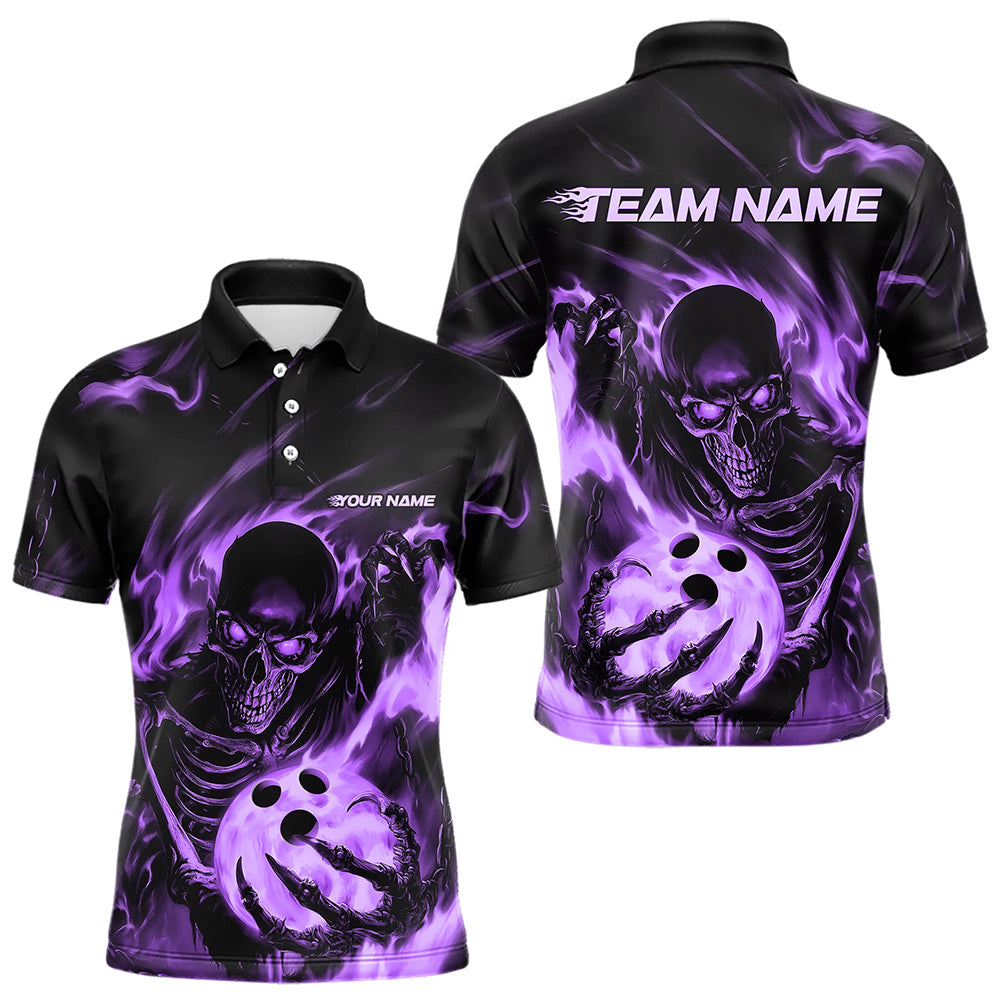 Black And Purple Flame Skull Custom Bowling Polo Shirts For Men, Skeleton Bowling Team Shirt IPHW8401