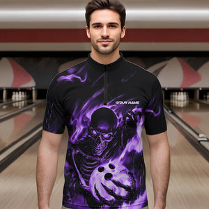 Black And Purple Flame Skull Custom Bowling Quarter-Zip Shirts For Men, Skeleton Bowling Team Shirt IPHW8401