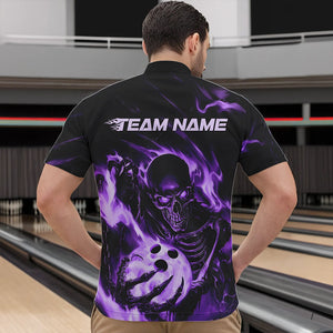 Black And Purple Flame Skull Custom Bowling Quarter-Zip Shirts For Men, Skeleton Bowling Team Shirt IPHW8401