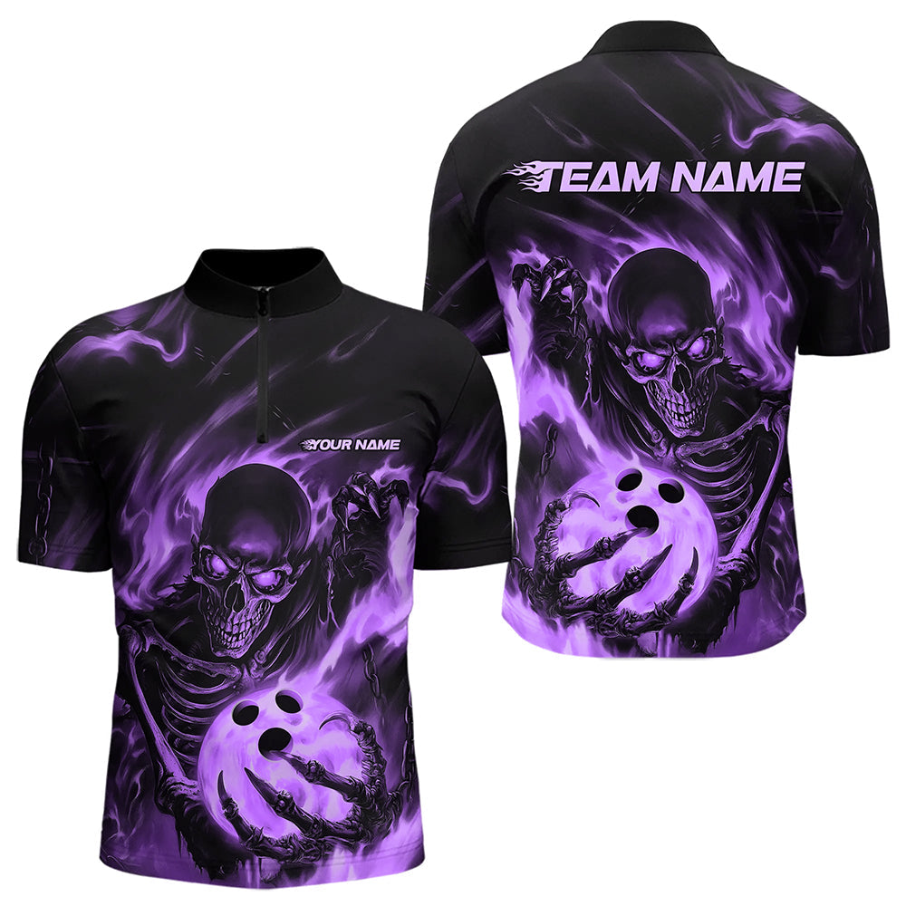 Black And Purple Flame Skull Custom Bowling Quarter-Zip Shirts For Men, Skeleton Bowling Team Shirt IPHW8401