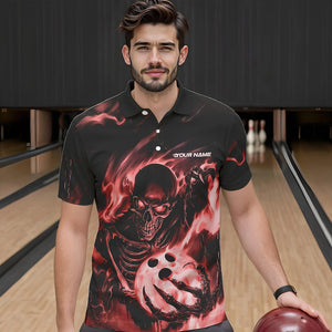 Black And Red Flame Skull Custom Bowling Polo Shirts For Men, Skeleton Bowling Team Shirt IPHW8402