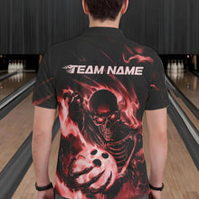 Load image into Gallery viewer, Black And Red Flame Skull Custom Bowling Polo Shirts For Men, Skeleton Bowling Team Shirt IPHW8402