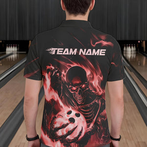 Black And Red Flame Skull Custom Bowling Polo Shirts For Men, Skeleton Bowling Team Shirt IPHW8402