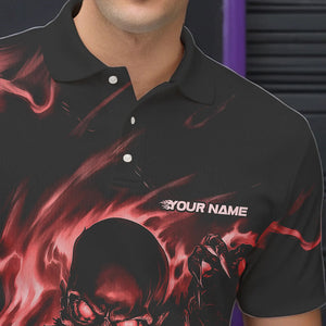 Black And Red Flame Skull Custom Bowling Polo Shirts For Men, Skeleton Bowling Team Shirt IPHW8402