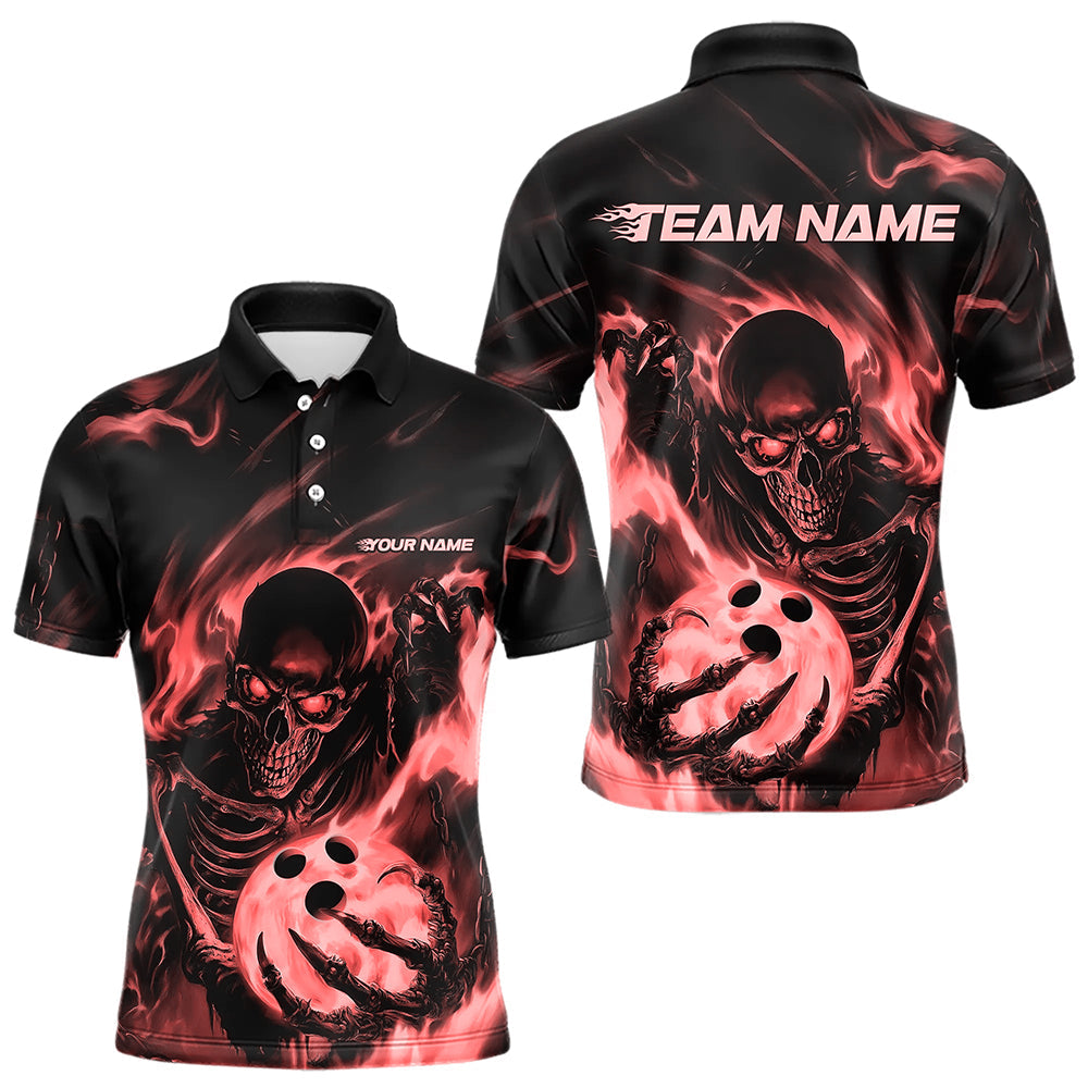 Black And Red Flame Skull Custom Bowling Polo Shirts For Men, Skeleton Bowling Team Shirt IPHW8402