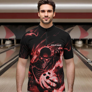 Black And Red Flame Skull Custom Bowling Quarter-Zip Shirts For Men, Skeleton Bowling Team Shirt IPHW8402