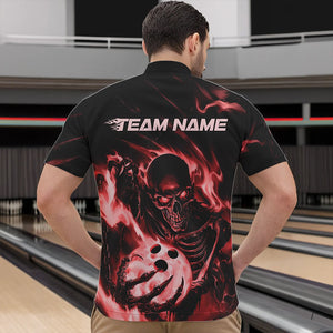 Black And Red Flame Skull Custom Bowling Quarter-Zip Shirts For Men, Skeleton Bowling Team Shirt IPHW8402