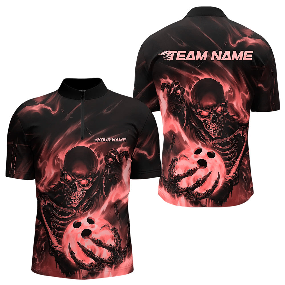 Black And Red Flame Skull Custom Bowling Quarter-Zip Shirts For Men, Skeleton Bowling Team Shirt IPHW8402