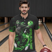 Load image into Gallery viewer, Custom Black And Green Skeleton Bowling Polo Shirts For Men, Skull Bowling Tournament Shirt IPHW8410