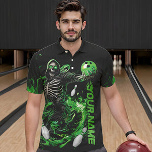 Custom Black And Green Skeleton Bowling Polo Shirts For Men, Skull Bowling Tournament Shirt IPHW8410