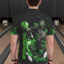 Load image into Gallery viewer, Custom Black And Green Skeleton Bowling Polo Shirts For Men, Skull Bowling Tournament Shirt IPHW8410