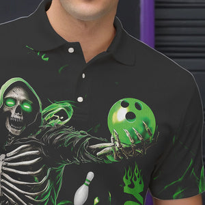 Custom Black And Green Skeleton Bowling Polo Shirts For Men, Skull Bowling Tournament Shirt IPHW8410