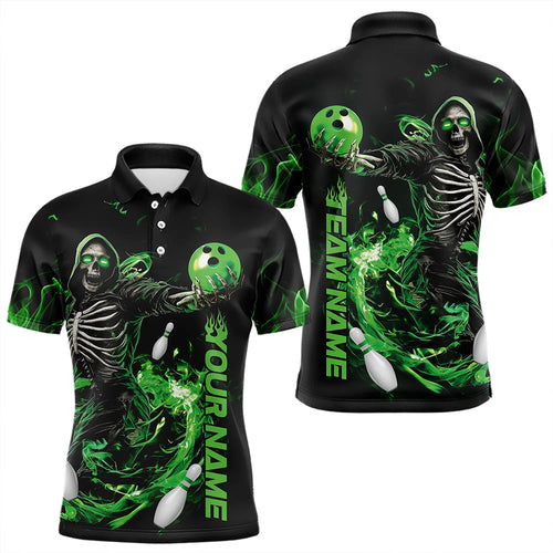 Custom Black And Green Skeleton Bowling Polo Shirts For Men, Skull Bowling Tournament Shirt IPHW8410