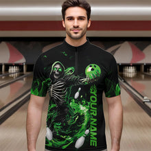 Load image into Gallery viewer, Custom Black And Green Skeleton Bowling Quarter-Zip Shirts For Men, Skull Bowling Tournament Shirt IPHW8410