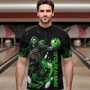 Custom Black And Green Skeleton Bowling Quarter-Zip Shirts For Men, Skull Bowling Tournament Shirt IPHW8410