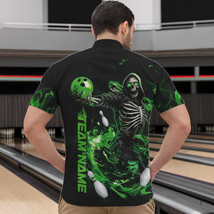 Custom Black And Green Skeleton Bowling Quarter-Zip Shirts For Men, Skull Bowling Tournament Shirt IPHW8410