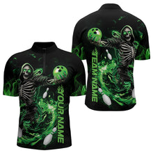 Load image into Gallery viewer, Custom Black And Green Skeleton Bowling Quarter-Zip Shirts For Men, Skull Bowling Tournament Shirt IPHW8410