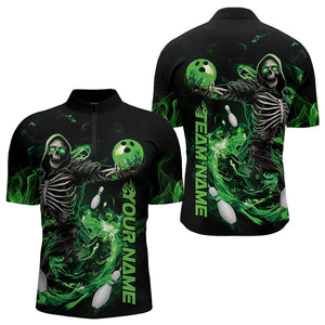 Custom Black And Green Skeleton Bowling Quarter-Zip Shirts For Men, Skull Bowling Tournament Shirt IPHW8410