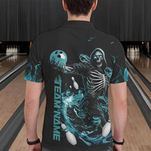 Load image into Gallery viewer, Custom Black And Blue Skeleton Bowling Polo Shirts For Men, Skull Bowling Tournament Shirt IPHW8411