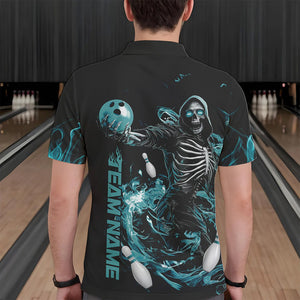 Custom Black And Blue Skeleton Bowling Polo Shirts For Men, Skull Bowling Tournament Shirt IPHW8411