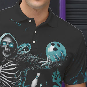 Custom Black And Blue Skeleton Bowling Polo Shirts For Men, Skull Bowling Tournament Shirt IPHW8411