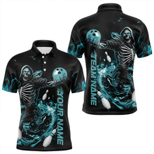 Load image into Gallery viewer, Custom Black And Blue Skeleton Bowling Polo Shirts For Men, Skull Bowling Tournament Shirt IPHW8411