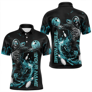 Custom Black And Blue Skeleton Bowling Polo Shirts For Men, Skull Bowling Tournament Shirt IPHW8411