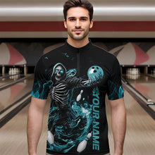 Load image into Gallery viewer, Custom Black And Blue Skeleton Bowling Quarter-Zip Shirts For Men, Skull Bowling Tournament Shirt IPHW8411