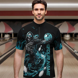 Custom Black And Blue Skeleton Bowling Quarter-Zip Shirts For Men, Skull Bowling Tournament Shirt IPHW8411