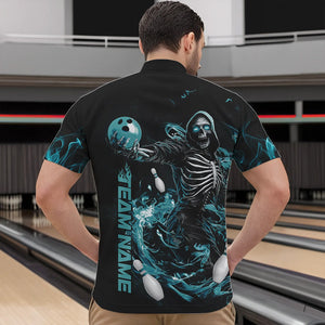 Custom Black And Blue Skeleton Bowling Quarter-Zip Shirts For Men, Skull Bowling Tournament Shirt IPHW8411