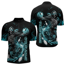 Load image into Gallery viewer, Custom Black And Blue Skeleton Bowling Quarter-Zip Shirts For Men, Skull Bowling Tournament Shirt IPHW8411