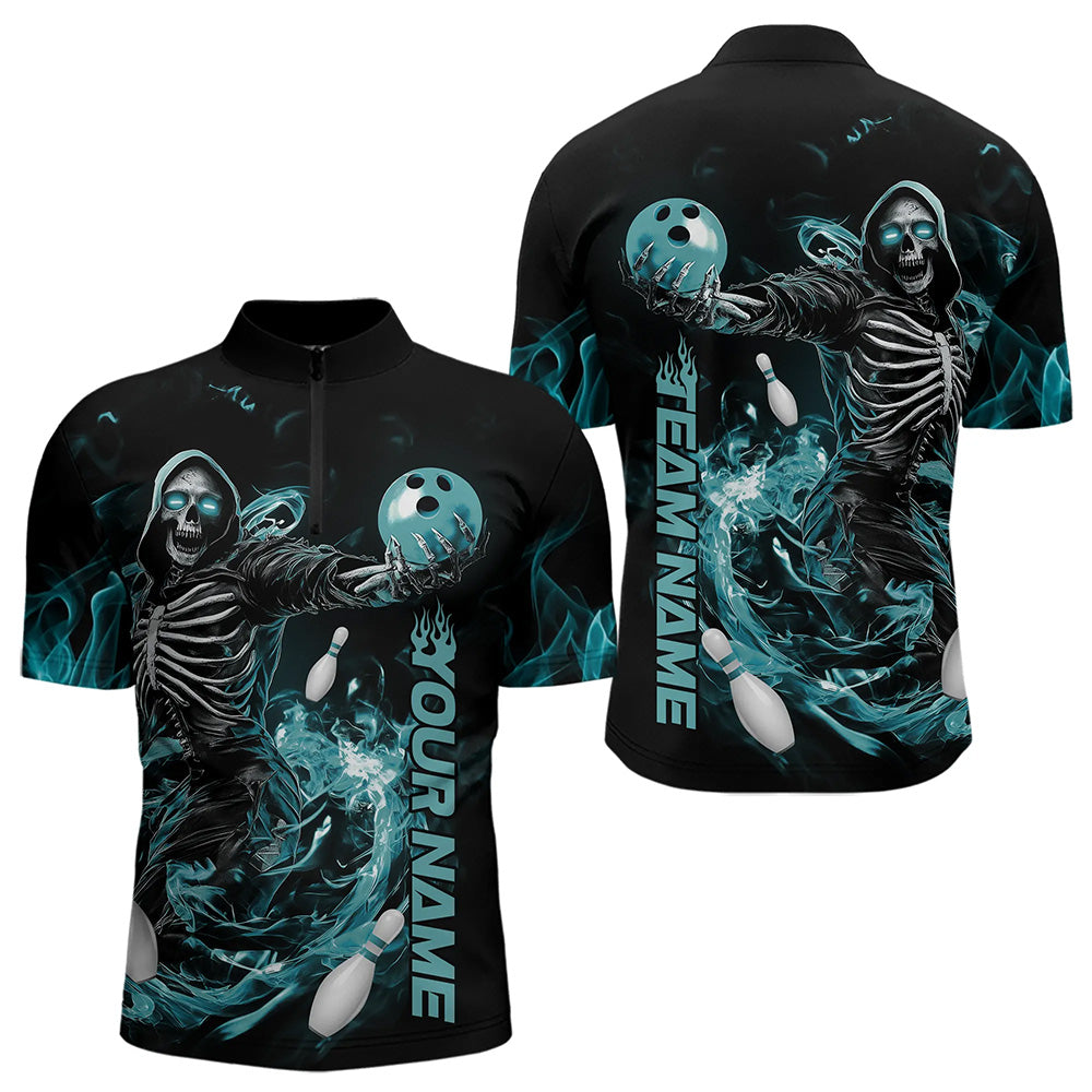 Custom Black And Blue Skeleton Bowling Quarter-Zip Shirts For Men, Skull Bowling Tournament Shirt IPHW8411