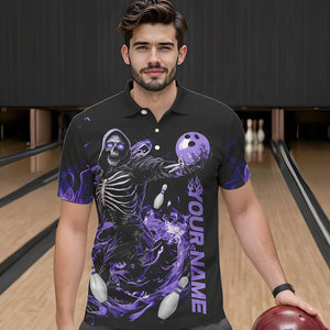 Custom Black And Purple Skeleton Bowling Polo Shirts For Men, Skull Bowling Tournament Shirt IPHW8412