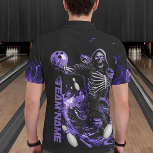 Custom Black And Purple Skeleton Bowling Polo Shirts For Men, Skull Bowling Tournament Shirt IPHW8412