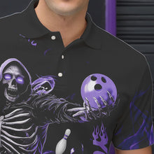 Load image into Gallery viewer, Custom Black And Purple Skeleton Bowling Polo Shirts For Men, Skull Bowling Tournament Shirt IPHW8412