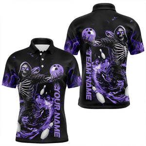 Custom Black And Purple Skeleton Bowling Polo Shirts For Men, Skull Bowling Tournament Shirt IPHW8412