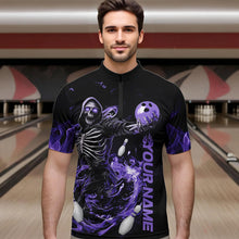 Load image into Gallery viewer, Custom Black And Purple Skeleton Bowling Quarter-Zip Shirts For Men, Skull Bowling Tournament Shirt IPHW8412