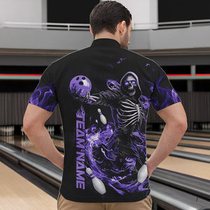 Custom Black And Purple Skeleton Bowling Quarter-Zip Shirts For Men, Skull Bowling Tournament Shirt IPHW8412