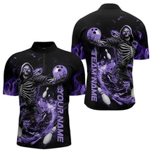 Load image into Gallery viewer, Custom Black And Purple Skeleton Bowling Quarter-Zip Shirts For Men, Skull Bowling Tournament Shirt IPHW8412