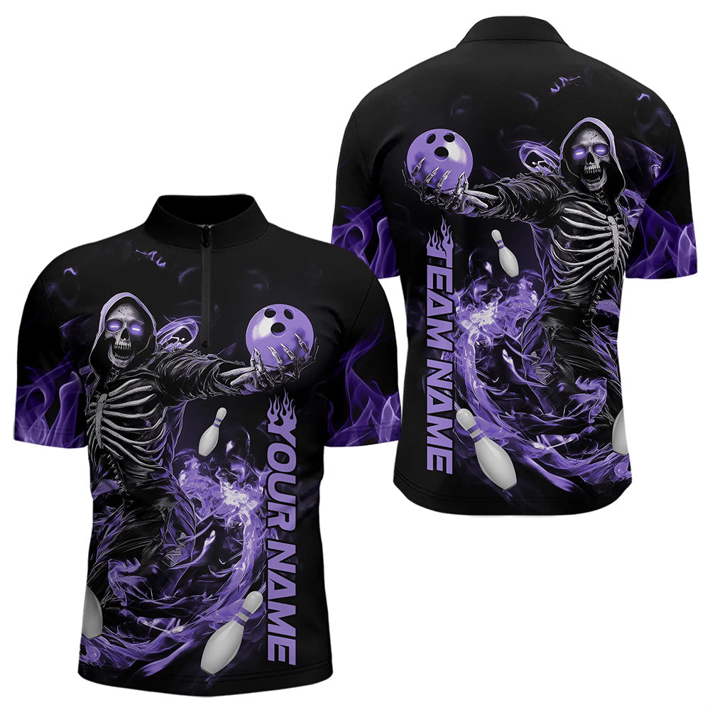 Custom Black And Purple Skeleton Bowling Quarter-Zip Shirts For Men, Skull Bowling Tournament Shirt IPHW8412